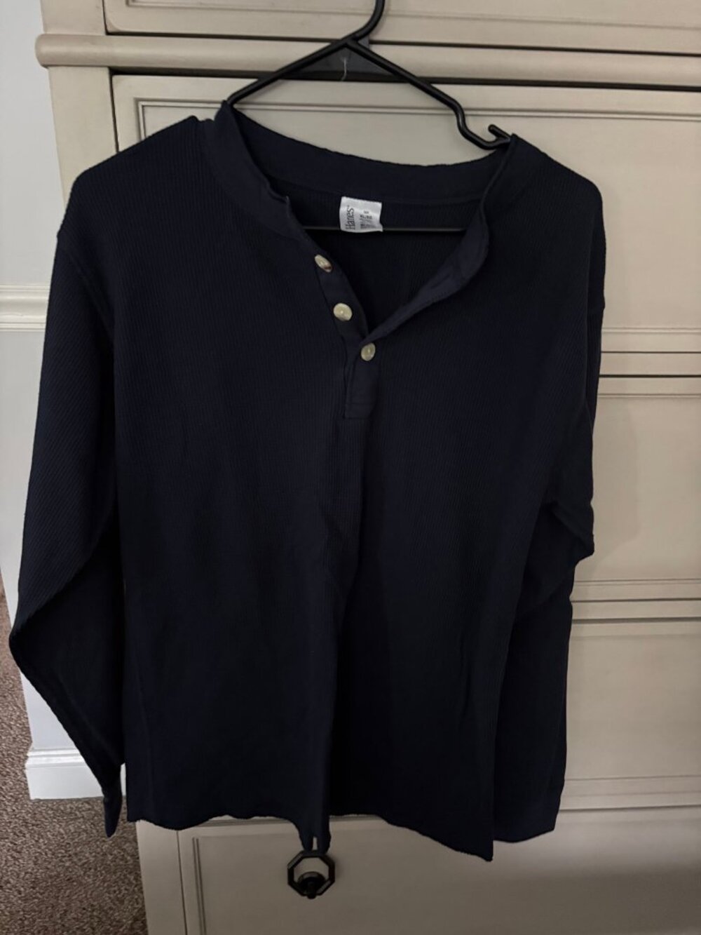 Hanes Men's Black Long Sleeve Henley Thermal Shirt - Size XL - Like New